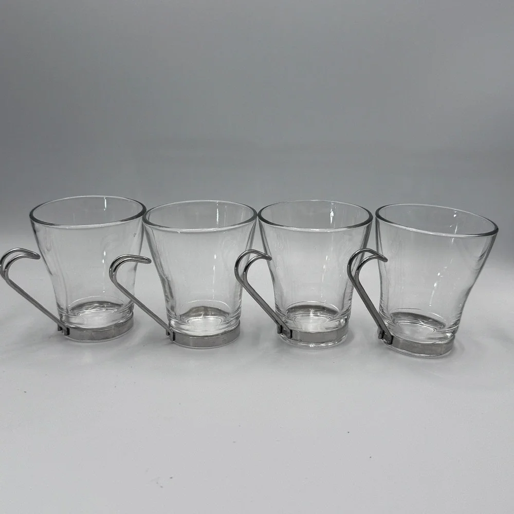 Bormioli Rocco Oslo Tempered Glass Coffee Cups Set of 4 Stainless‎ Steel Handles